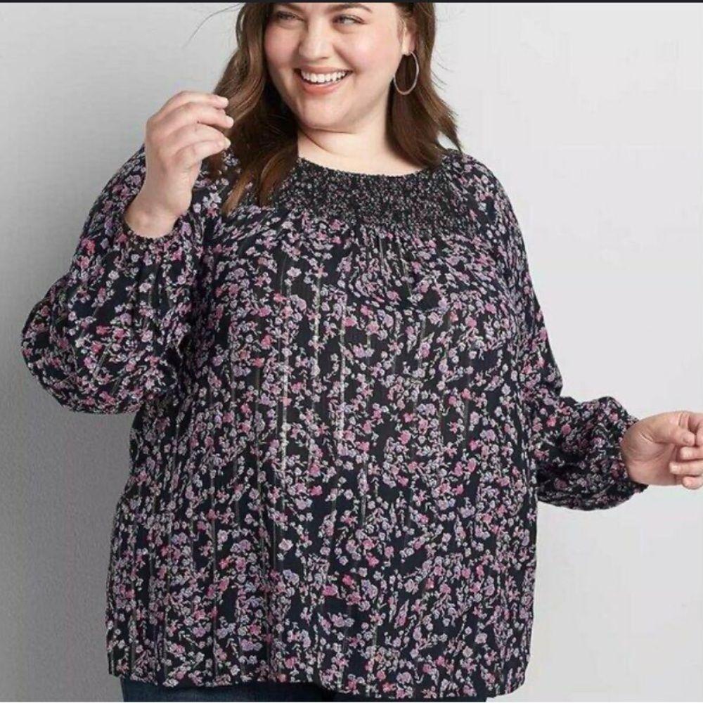 Lane Bryant Size 24 Black Pink Sheer Babydoll Long Sleeve top